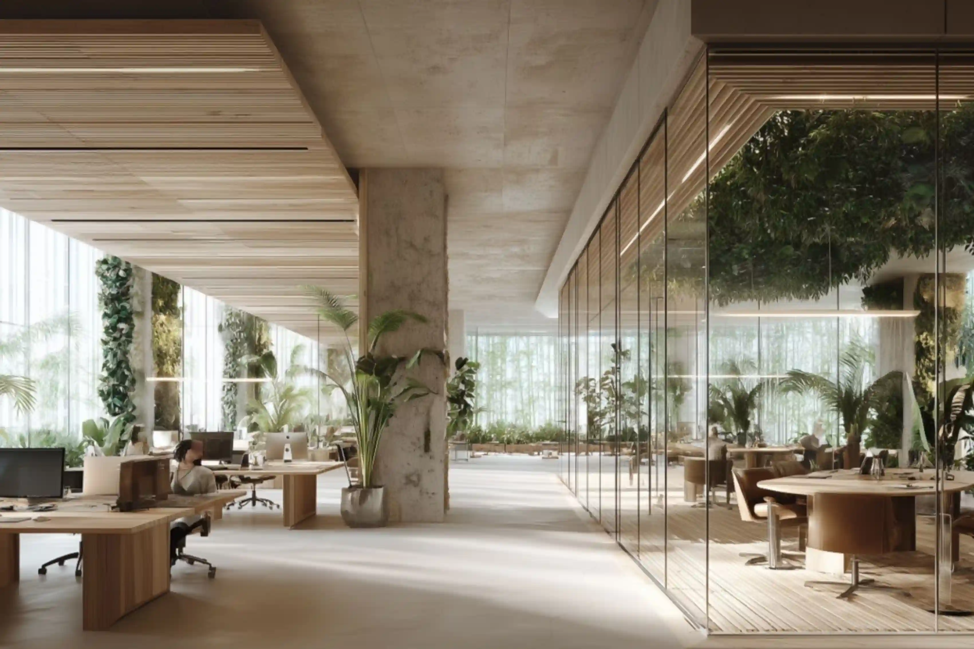 Ziggurat Corporate Project - Sunlit open office concept with exposed concrete pillars and integrated planters - AiSpaces.webp